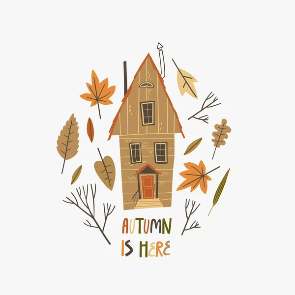 Gemütliche Alte Holzhütte Und Herbstliche Farbe Blätter Und Äste Herum — Stockvektor