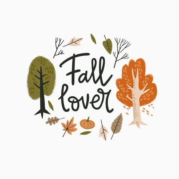 Amante Del Otoño Ilustración Simple Con Letras Mano Símbolos Otoñales — Vector de stock