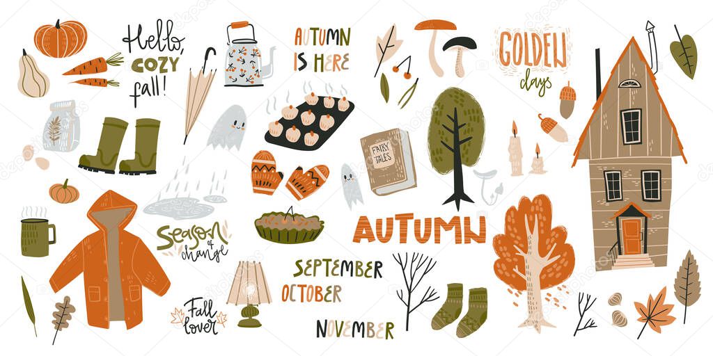 Big collection of fall doodle elements. Cozy things, clothes, harvest, food and nature. Cute simple style