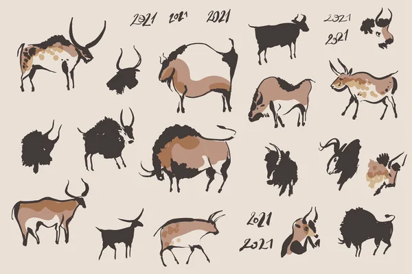 Coleção Desenhada Mão Animais Caverna Touros Símbolo Ano Novo Chinês — Vetor de Stock