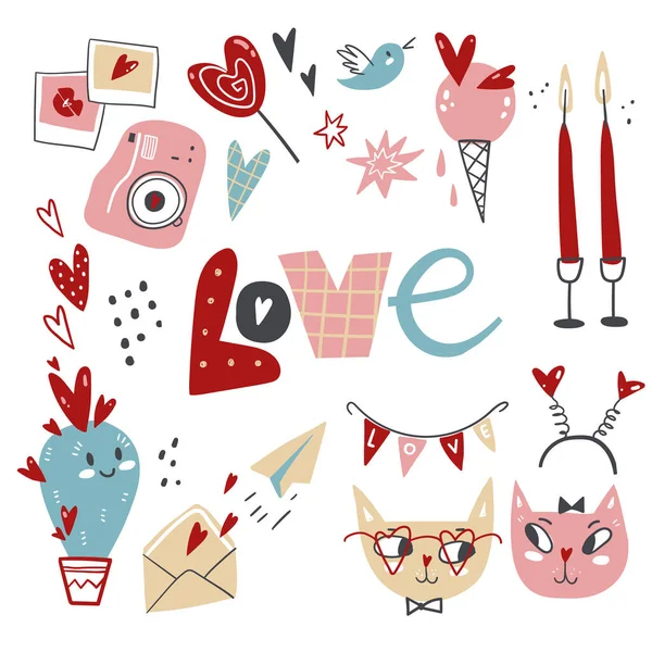 Doodle Collectie Van Valentijnsdag Symbolen Elementen Karakters Objecten Geschenken Decoraties — Stockvector