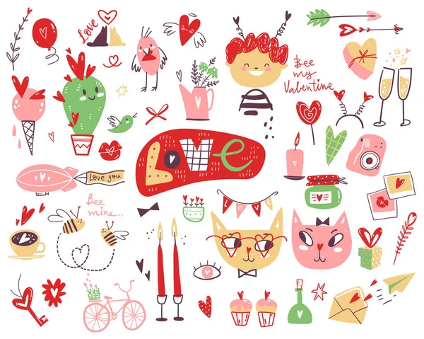 Raccolta Doodle Simboli Giorno San Valentino Elementi Personaggi Oggetti Regali — Vettoriale Stock
