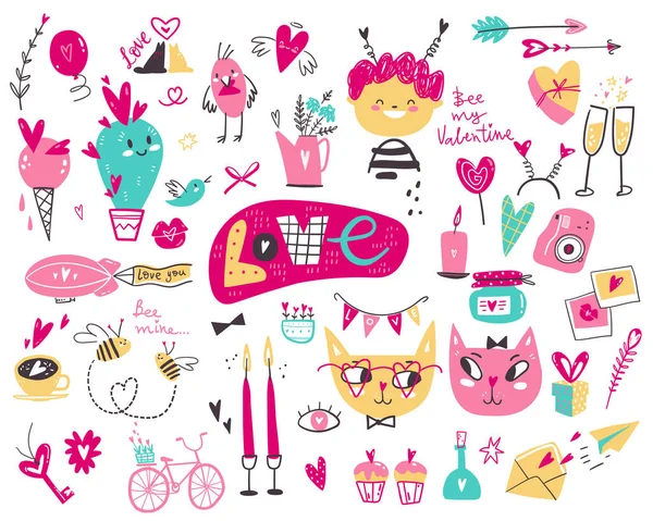 Doodle Gyűjtemény Valentin Napi Szimbólumok Elemek Karakterek Tárgyak Ajándékok Dekorációk — Stock Vector