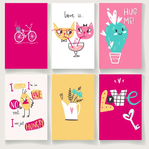 Collezione Doodle Biglietti Auguri San Valentino Con Simpatici Charater Scritte — Vettoriale Stock