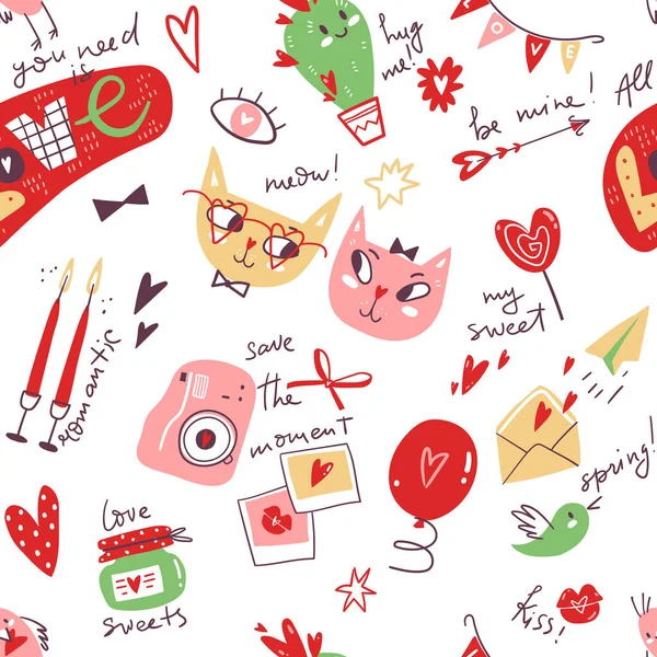 Doodle Modello Senza Soluzione Continuità Con Simboli San Valentino Elementi — Vettoriale Stock