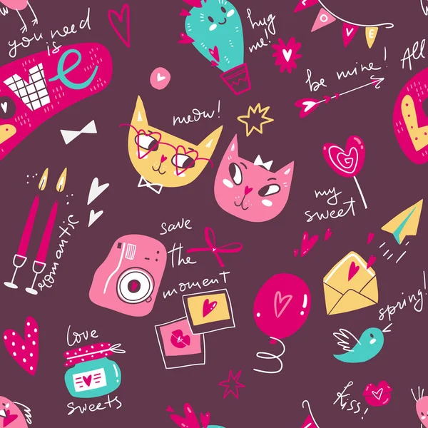 Doodle Modello Senza Soluzione Continuità Con Simboli San Valentino Elementi — Vettoriale Stock