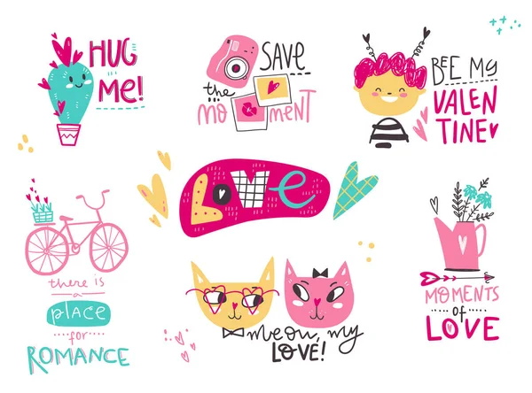 Colección Doodle Letras Del Día San Valentín Con Personajes Objetos — Vector de stock