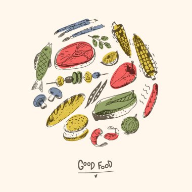 Bu raundda karalama yemek çizimi. Balık, et, sebze ve diğer farklı şeyler. Sketchy tarzı.