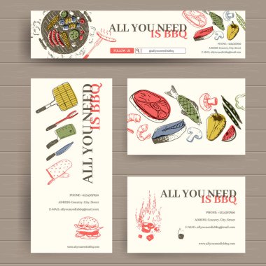Mangal restoranı için vektör hazır tasarım şablonu, hepsi mangal dükkanı için. Başlık, kartvizit, broşür ve broşür. Doodle tarzı, parlak renkler. Tek ihtiyacın olan B-B-Q