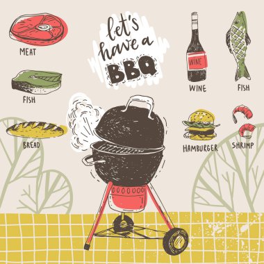 Barbekü ekipmanı ve yiyecekle vektör çizimi. Geleneksel barbekü partisi. Bir B-B-Q alalım.