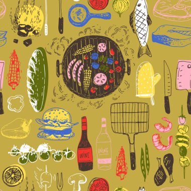 Geleneksel elementlerle, yiyeceklerle ve ekipmanlarla yaz barbekü kalıpları. Samimi parlak renkler ve karalama modern stil.