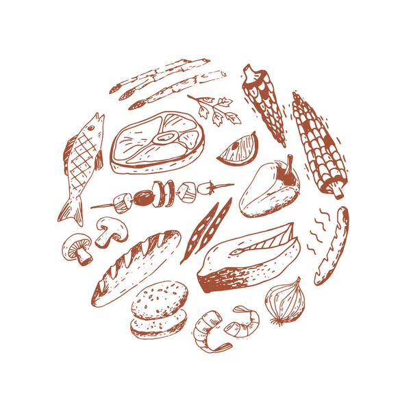 Raundda Karalama Yemek Çizimi Balık Sebze Diğer Farklı Şeyler Sketchy — Stok Vektör