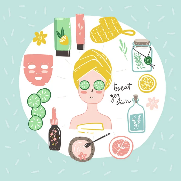 Home Spa Scarabocchio Illustrazione Elementi Una Ragazza Ingredienti Decorazioni Tondo — Vettoriale Stock