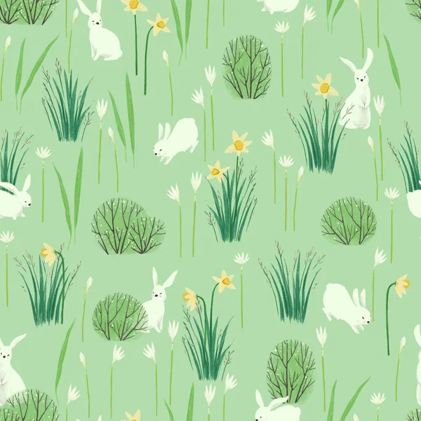 Seamless Pattern Spring Meadow Jumping Rabbits Flowers Minimalistic Scandinavian Style — Stock Photo, Image