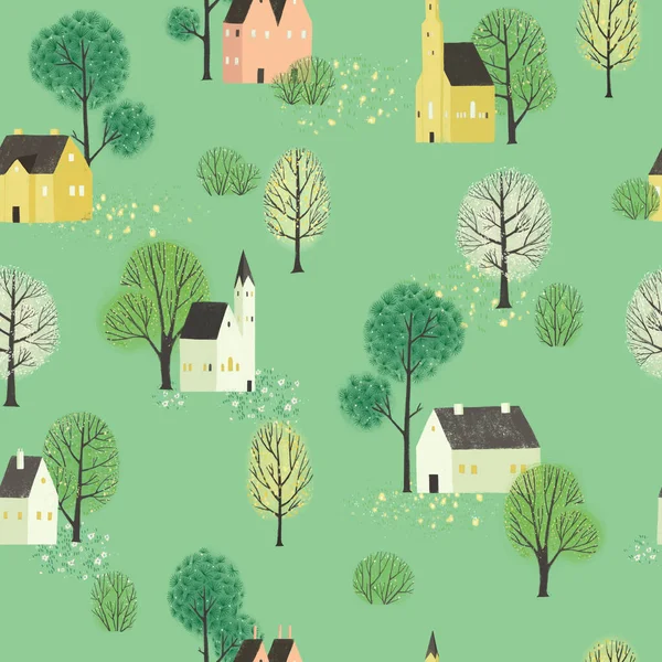 緑の古い家とシームレスなパターン ミニマルな北欧スタイル 包装紙 ファブリックに最適です — ストック写真