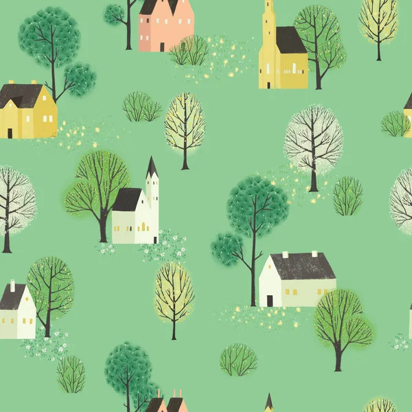 Seamless pattern with old houses in green. Minimalistic Scandinavian style. Perfect for wallpaper, wrapping paper, fabric.