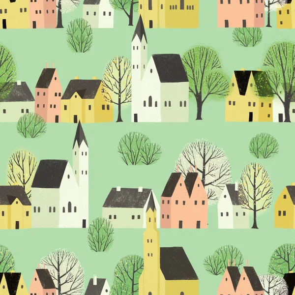 Seamless pattern with old houses in green. Minimalistic Scandinavian style. Perfect for wallpaper, wrapping paper, fabric.