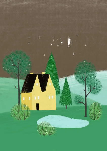 Illustration Alone House Trees Night Minimalistic Scandinavian Style Perfect Wall — Stock Photo, Image