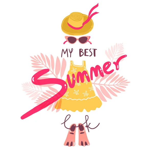 Lustiger Sommerlook Kleid Mit Flossen Hut Und Sonnenbrille Humorvolle Karte — Stockvektor