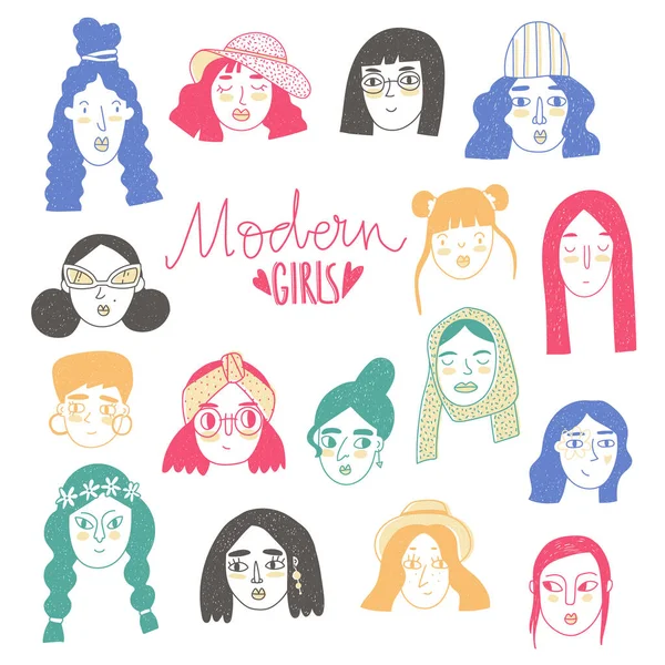 Modern Girls Doodle Set Different Women Faces Simple Style Different — Stock Vector