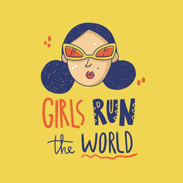 Girls Run World Support Card Doodle Girl Hand Lettering — Stock Vector