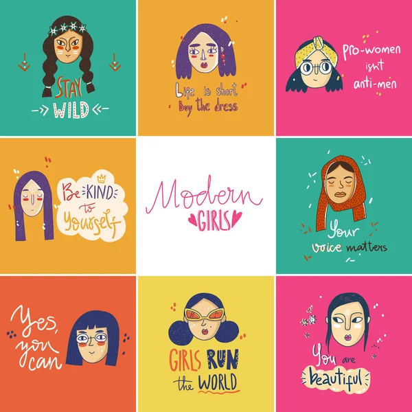 Modern Girls Doodle Card Collection Hand Lettering Different Women Faces — Stock Vector