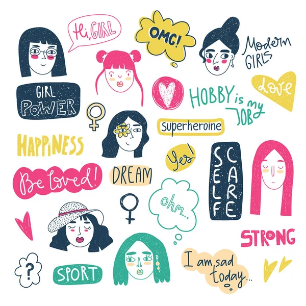 Modern Girls Doodle Collection Hand Lettering Different Women Faces Simple — Stock Vector