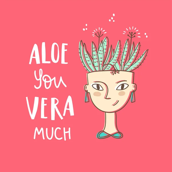 Plant Lover Card Hand Lettering Aloe You Vera Much Funny — Stock Vector