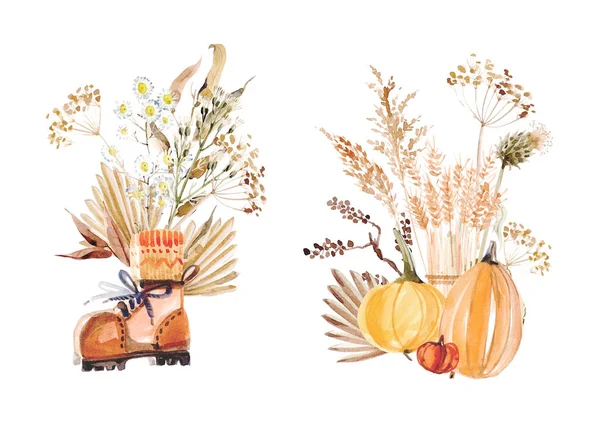Aquarel Prachtige Herfstcomposities Decoratieve Elementen Met Kruiden Oogst Bladeren — Stockfoto