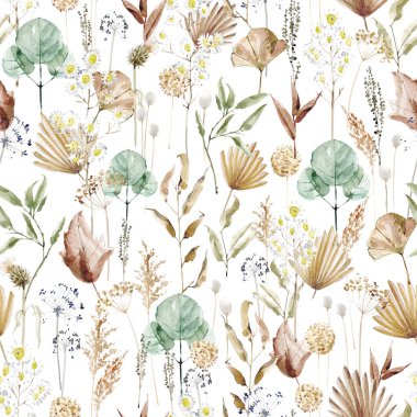 Sonbahar ruhu elementleri, kurumuş bitkiler, yapraklar ve bitkilerle kusursuz desen. Suluboya resimleme, duvar kağıdı, kumaş, ambalaj kağıdı için mükemmel.