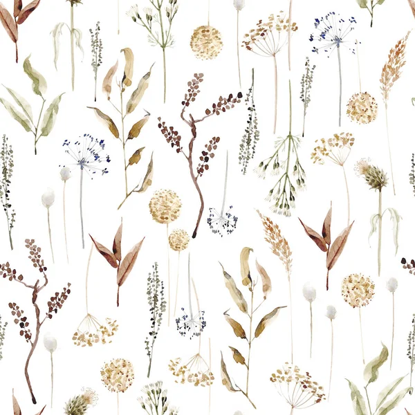 Płynny Wzór Elementami Jesiennego Spirytusu Suszonymi Roślinami Liśćmi Ziołami Ilustracja — Zdjęcie stockowe