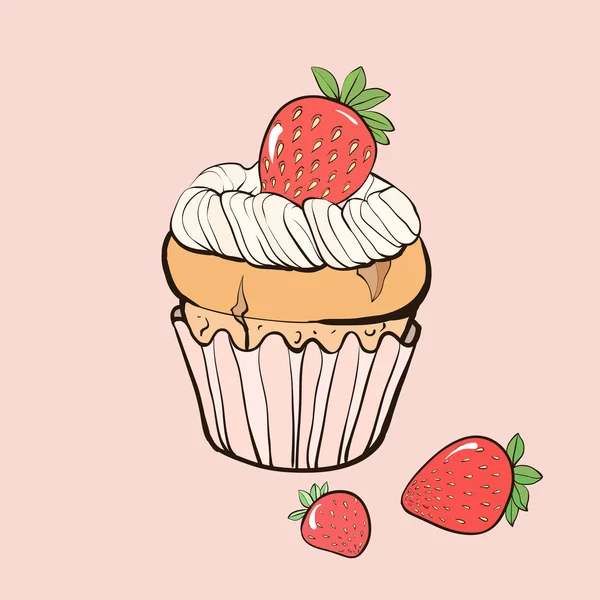 Vanille-Muffin mit Erdbeeren — Stockvektor