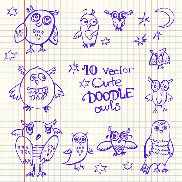 Doodle cute funny sovy. — Stockový vektor