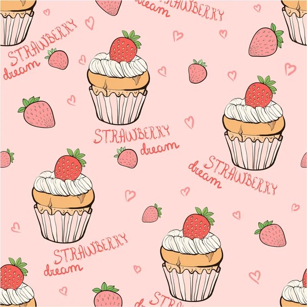 Seamless pattern with strawberry cupcakes — Stock Vector