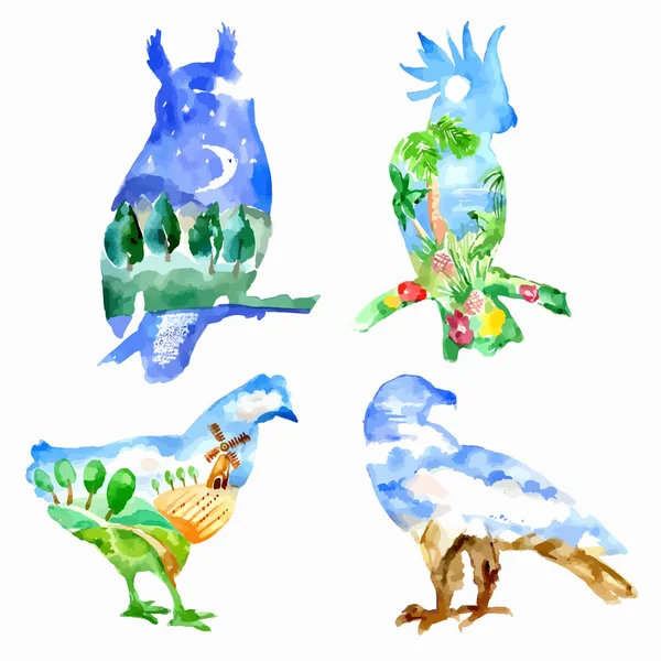 Aquarel vector silhouetten van vogels — Stockvector