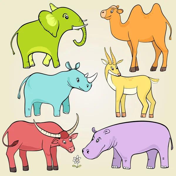 Dessin animé éléphant, rhinocéros, taureau, hippopotame — Image vectorielle