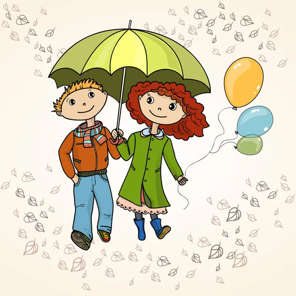 Cute teen couple walks in  rain — Stock Vector