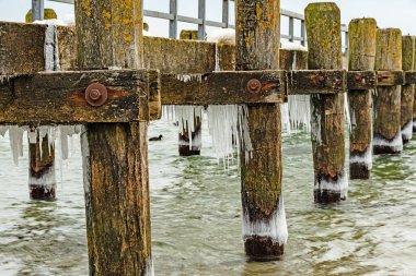 Buz sarkıtları, soğuk Baltık suları karanlık direkleri sararken ahşap iskelenin altında asılı. Buz ve deniz yosunu sessiz kış ışığında pürüzlü dokular oluşturur.