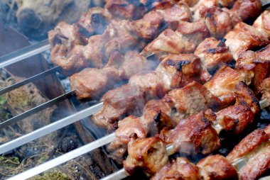 Şiş kebaplı et ızgarada dumanla kızartılır. Yakın plan kızarmış et. Açık hava pikniği.