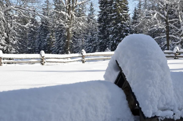 Invierno paisaje de montaña con nieve cayendo —  Fotos de Stock