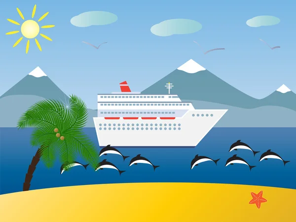 Paisaje tropical. Mar, sol, montañas, playa y palmeras. buque y delfines marinos . — Vector de stock
