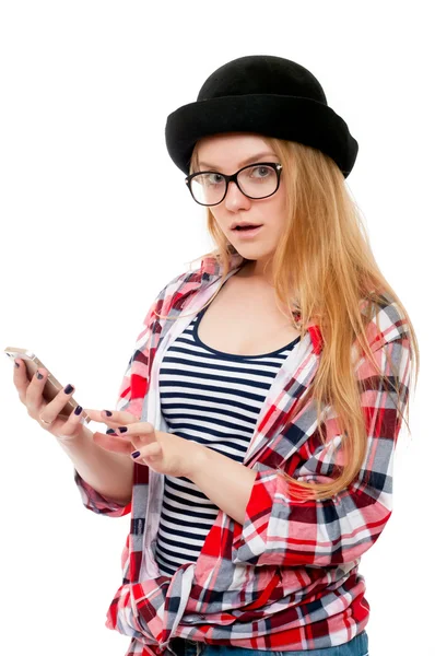 Teenage girl or young woman in glasses using cell phone — Stock Photo, Image
