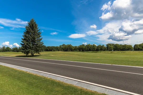 İşaretler bir park olan dar asfalt yol