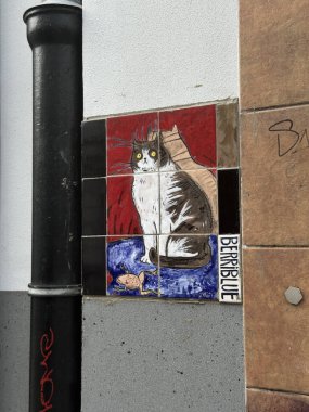 Varşova, Polonya - 24 Eylül 2025: Sokak sanatı duvar resmi, şehir manzarasını geliştiren parlak renkli ve sanatsal detaylara sahip bir kediyi tasvir ediyor