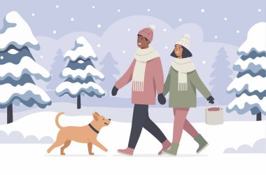 Kış harikalar diyarında birkaç gezinti, bir köpekle el ele, karla kaplı ağaçların arasında, sıcak ve neşeli bir açık hava manzarası yaratıyor.