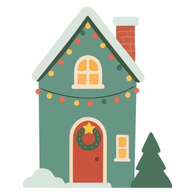 Canlı tatil ışıklarıyla süslenmiş büyüleyici yeşil bir ev ve küçük bir ağaçla birlikte bir çelenk, festival için sıcak bir kış atmosferi yaratıyor.