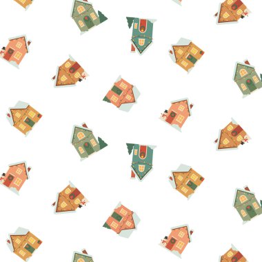 Renkli düz bir illüstrasyonda kaprisli evler, beyaz arka planda oyuncu bir şekilde düzenlenmiş, yaratıcı ve sanatsal tasarım uygulamaları için mükemmel.