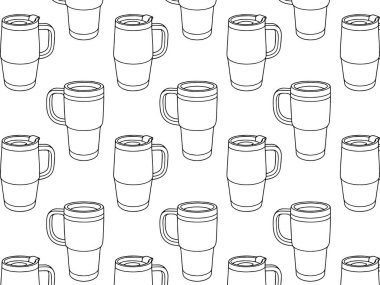 Termossuz bardak desenli illüstrasyonlar çeşitli kahve fincanları sergiler, kış kahvesi menüleri için idealdir ve ortam havasına hitap eden samimi içecek promosyonlarıdır.