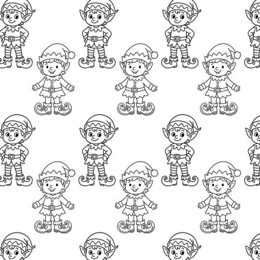 Çekici Noel elfi desenli resimde festival kıyafetleri içindeki neşeli karakterler, tatil projeleri ve kış temalı geniş kopya alanı olan tasarımlar sergileniyor