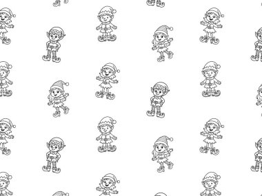 Çekici Noel elfi çizimleri, tuhaf tasarımlar ve neşeli ifadelerle, tatil süslemeleri ve kış şenlikleri için ideal olan, hoş bir tekrarlayan desen oluşturur.